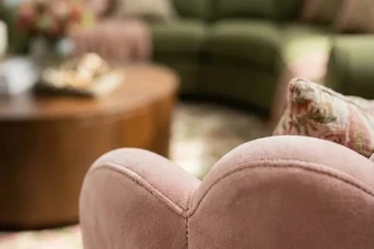 Blush velvet against olive green upholstery