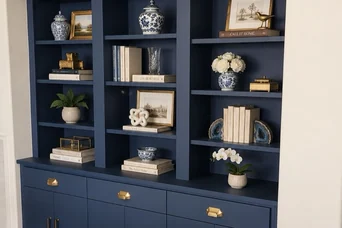 Styled navy built-in shelving